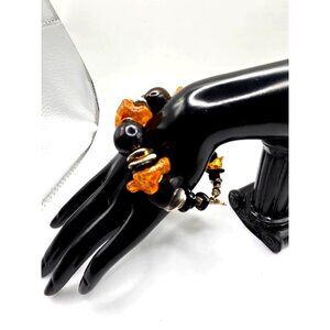 Vintage Sterling Silver Amber & Jet Bead Bracelet | SAKI Toggle Clasp | Artisan